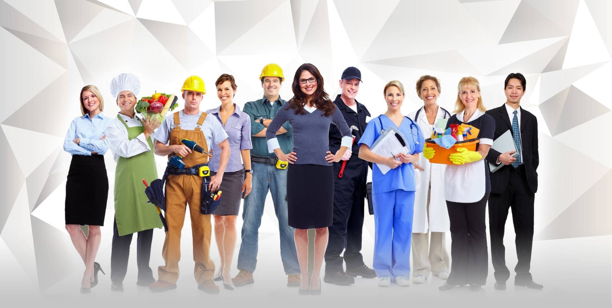 Profesionales de oficina, cocina, construcción, salud, limpieza y ejecutivos con sus uniformes